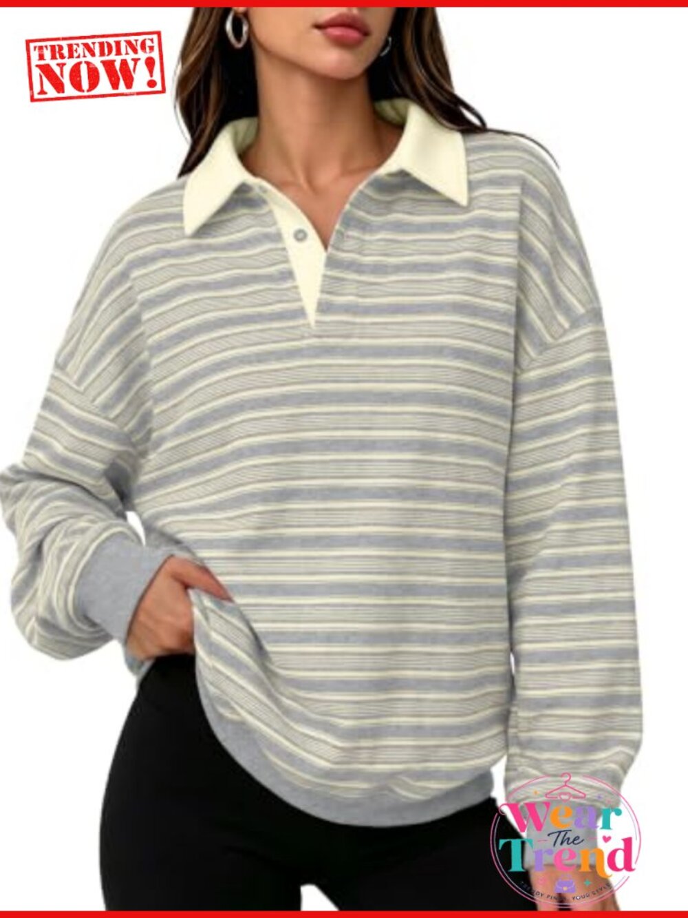 Oversized Striped Polo Sweatshirt Drop Shoulder Button Stand Collar Rugby